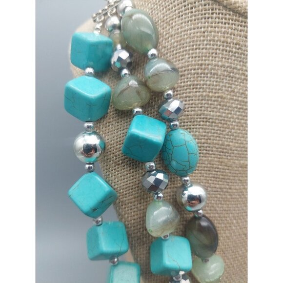 Silver Tone Faux Turquoise Statement Necklace Multi Strand Beaded Collar 21" - Picture 6 of 11
